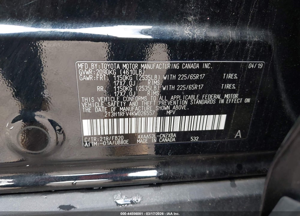 2019 TOYOTA RAV4 LE VIN: 2T3H1RFV4KW026557