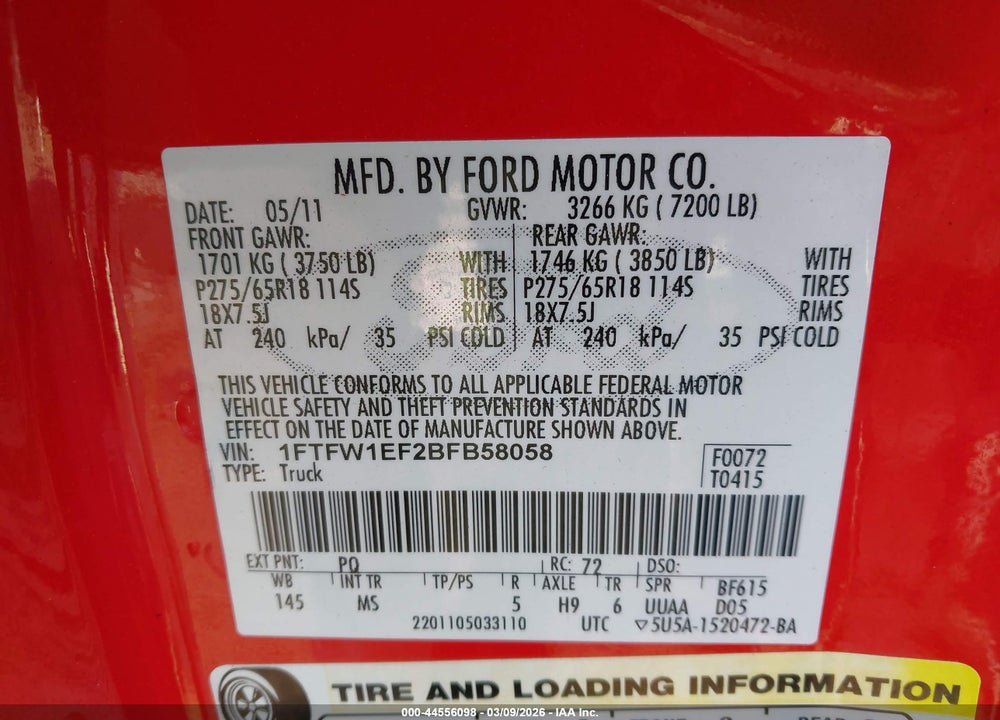 2011 FORD F-150 FX4/KING RANCH/LARIAT/PLATINUM/XL/XLT VIN: 1FTFW1EF2BFB58058