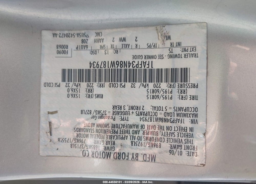 2006 FORD FOCUS ZX4 VIN: 1FAFP34N86W187934