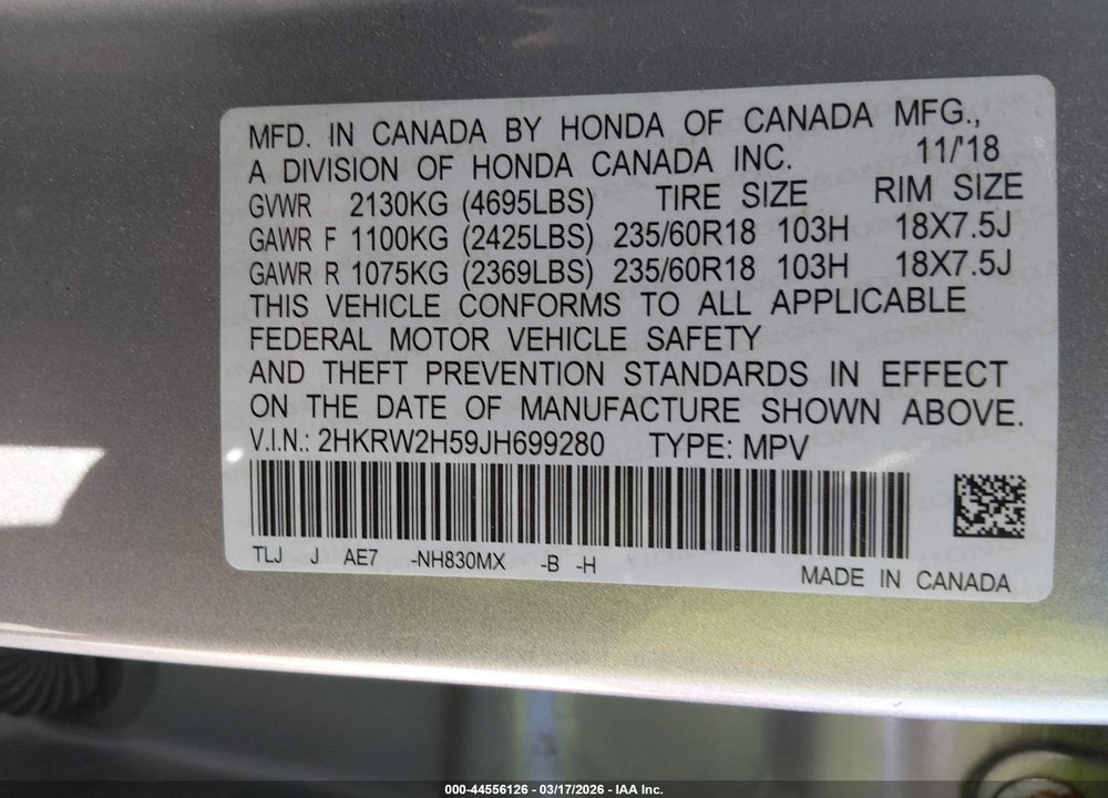 2018 HONDA CR-V EX VIN: 2HKRW2H59JH699280