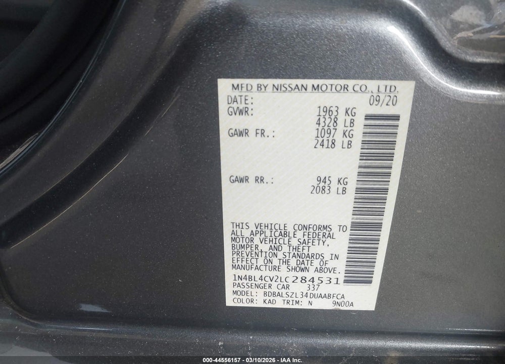 2020 NISSAN ALTIMA SR FWD VIN: 1N4BL4CV2LC284531