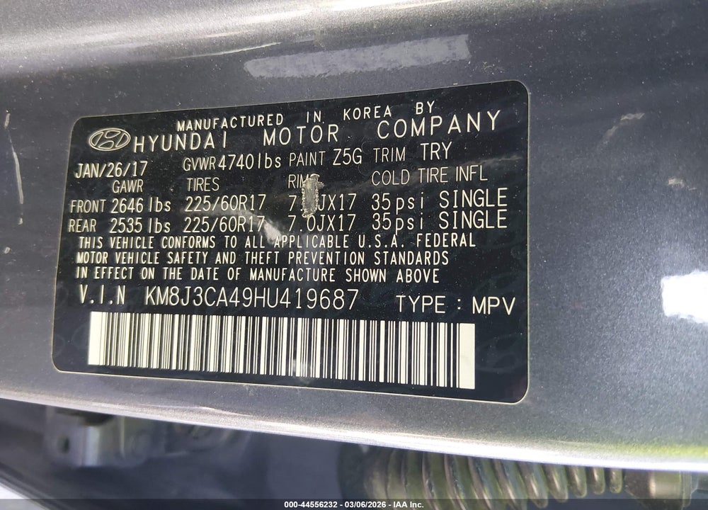 2017 HYUNDAI TUCSON SE PLUS VIN: KM8J3CA49HU419687