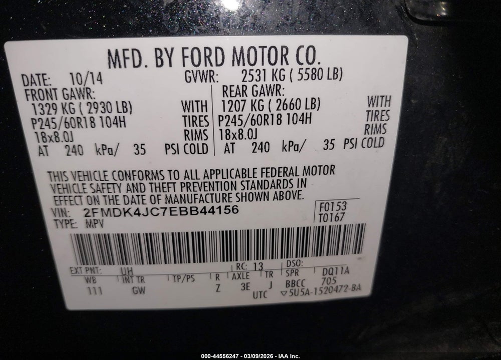 2014 FORD EDGE SEL VIN: 2FMDK4JC7EBB44156