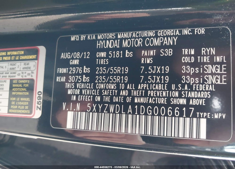 2013 HYUNDAI SANTA FE SPORT 2.0T VIN: 5XYZWDLA1DG006617