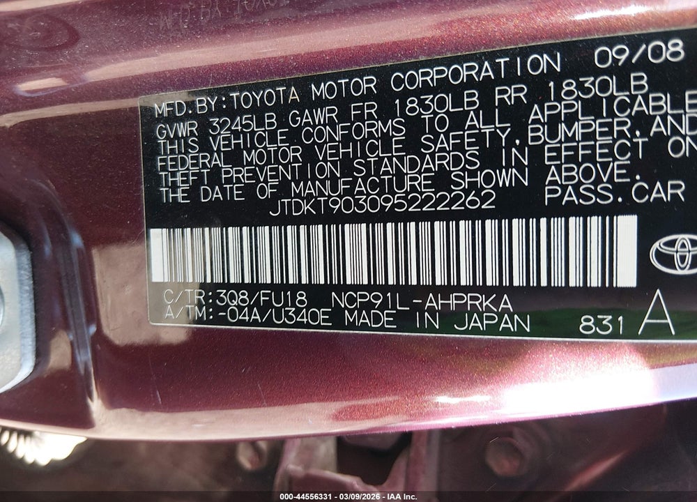 2009 TOYOTA YARIS VIN: JTDKT903095222262