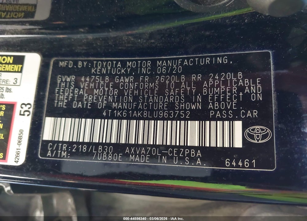 2020 TOYOTA CAMRY XSE VIN: 4T1K61AK8LU963752