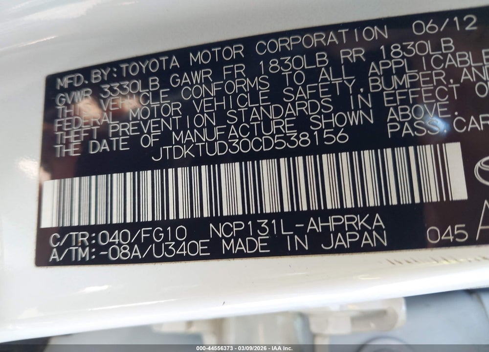 2012 TOYOTA YARIS L VIN: JTDKTUD30CD538156