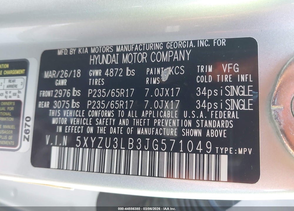 2018 HYUNDAI SANTA FE SPORT 2.4L VIN: 5XYZU3LB3JG571049