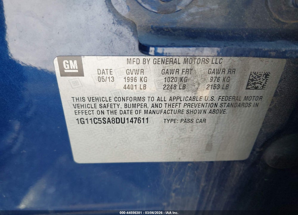 2013 CHEVROLET MALIBU 1LT VIN: 1G11C5SA8DU147611