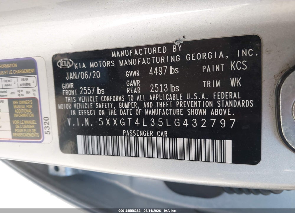 2020 KIA OPTIMA VIN: 5XXGT4L35LG432797