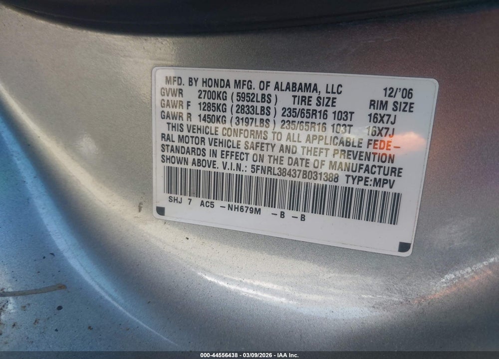 2007 HONDA ODYSSEY EX VIN: 5FNRL38437B031388