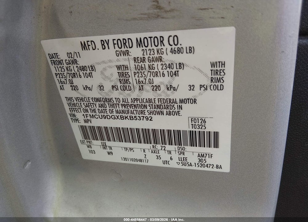 2011 FORD ESCAPE XLT VIN: 1FMCU9DGXBKB53792