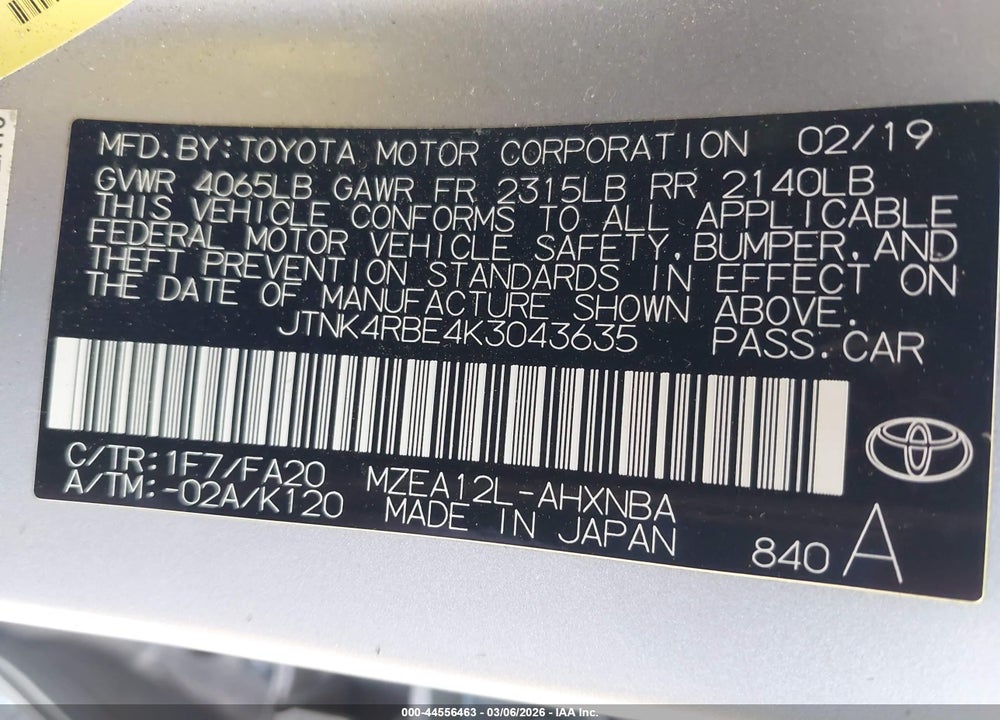 2019 TOYOTA COROLLA SE VIN: JTNK4RBE4K3043635