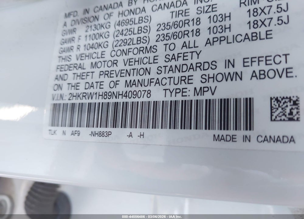 2022 HONDA CR-V 2WD EX-L VIN: 2HKRW1H89NH409078