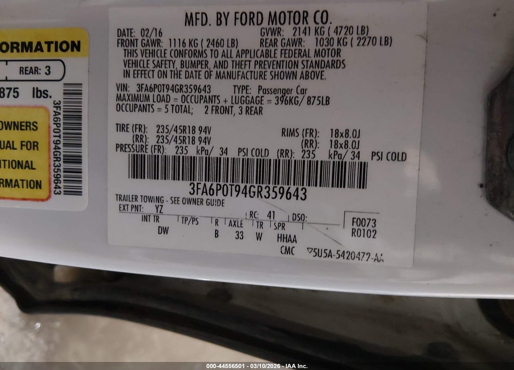 2016 FORD FUSION SE VIN: 3FA6P0T94GR359643