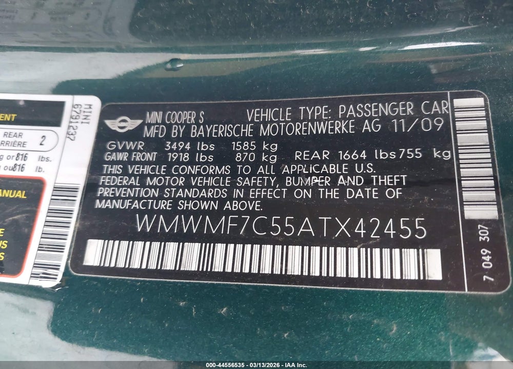 2010 MINI COOPER S VIN: WMWMF7C55ATX42455