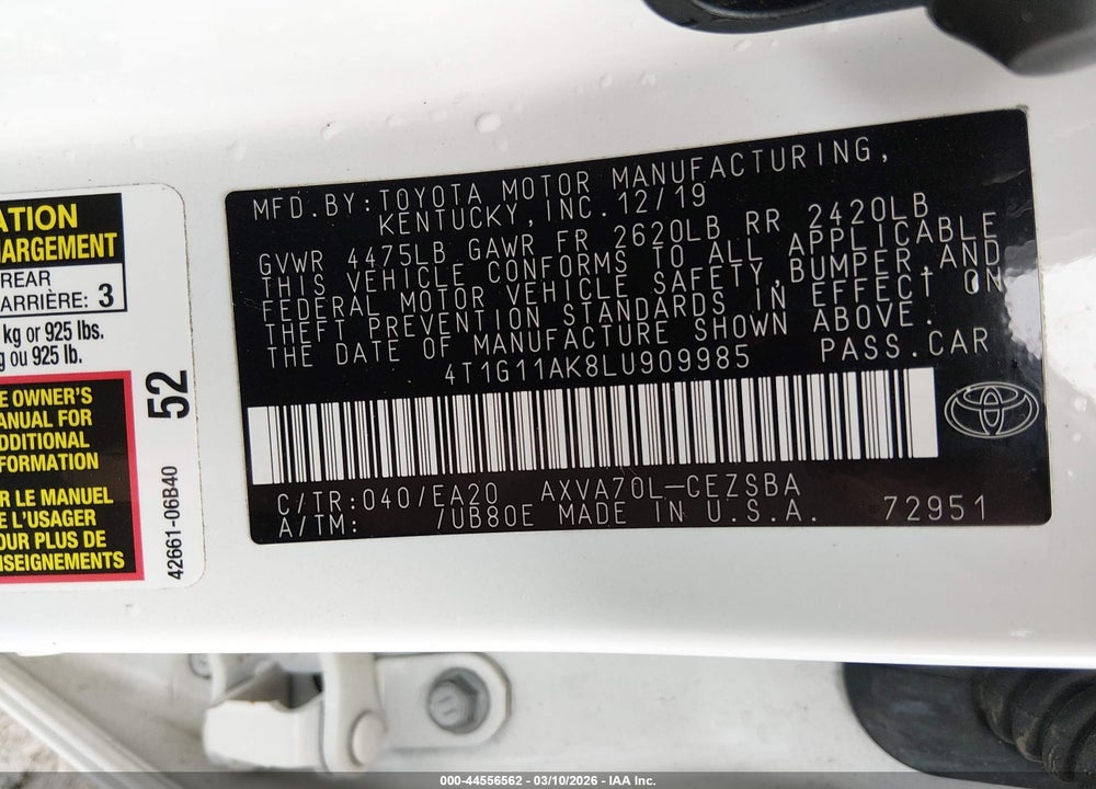 2020 TOYOTA CAMRY SE VIN: 4T1G11AK8LU909985