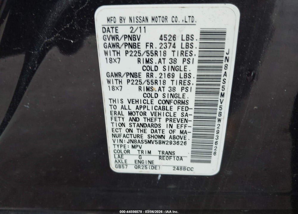 2011 NISSAN ROGUE SV VIN: JN8AS5MV5BW293626