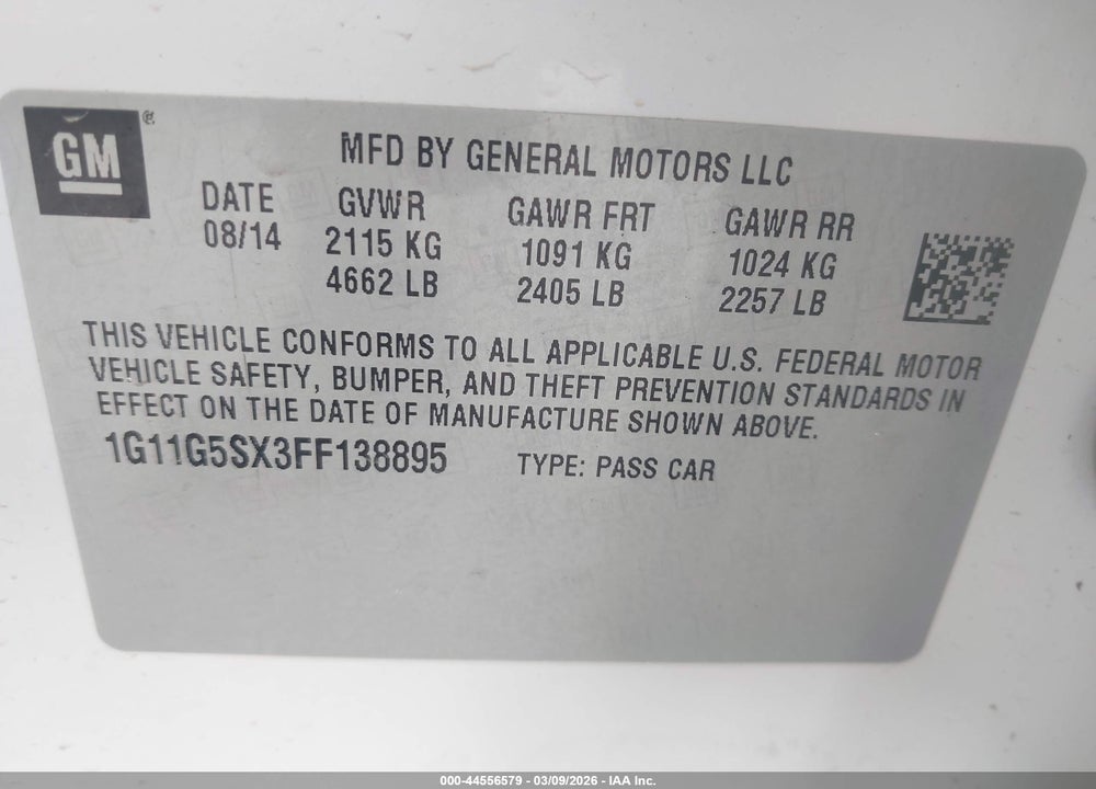 2015 CHEVROLET MALIBU 2LZ VIN: 1G11G5SX3FF138895