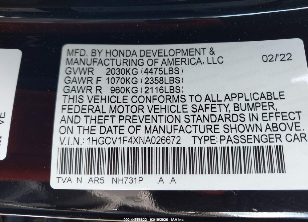 2022 HONDA ACCORD SPORT SPECIAL EDITION VIN: 1HGCV1F4XNA026672