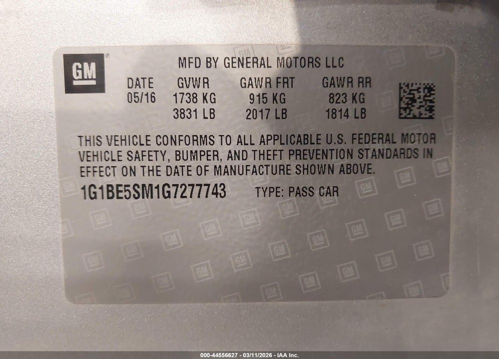2016 CHEVROLET CRUZE LT AUTO VIN: 1G1BE5SM1G7277743