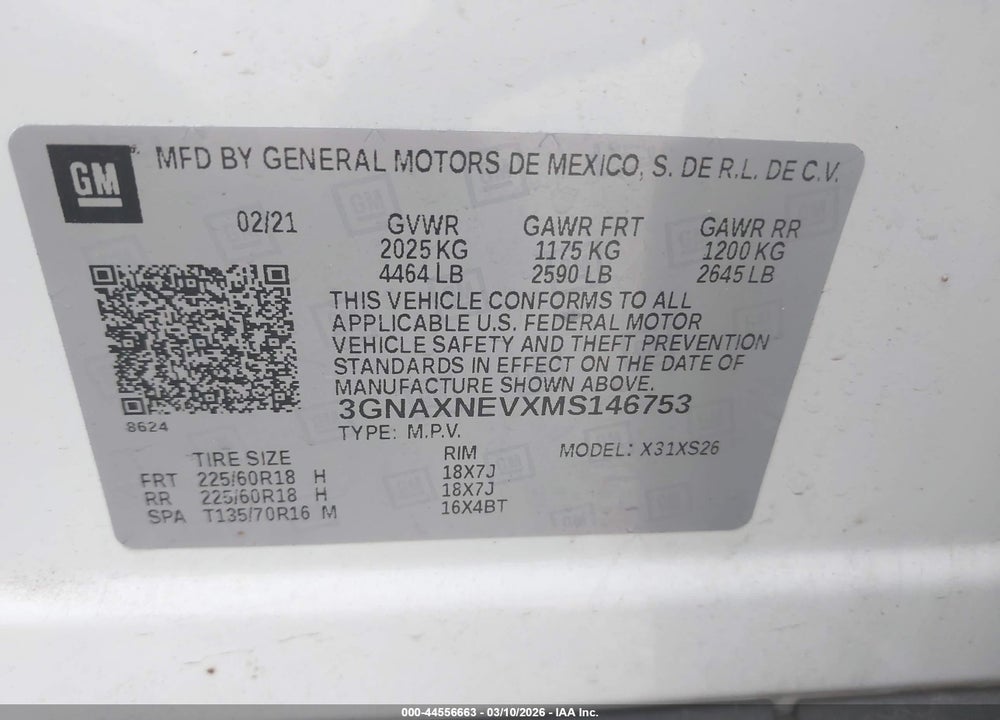 2021 CHEVROLET EQUINOX FWD PREMIER VIN: 3GNAXNEVXMS146753
