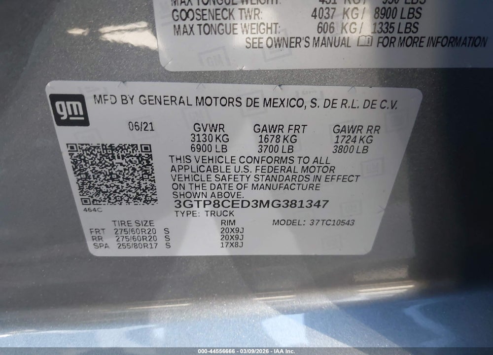 2021 GMC SIERRA 1500 2WD  SHORT BOX ELEVATION VIN: 3GTP8CED3MG381347