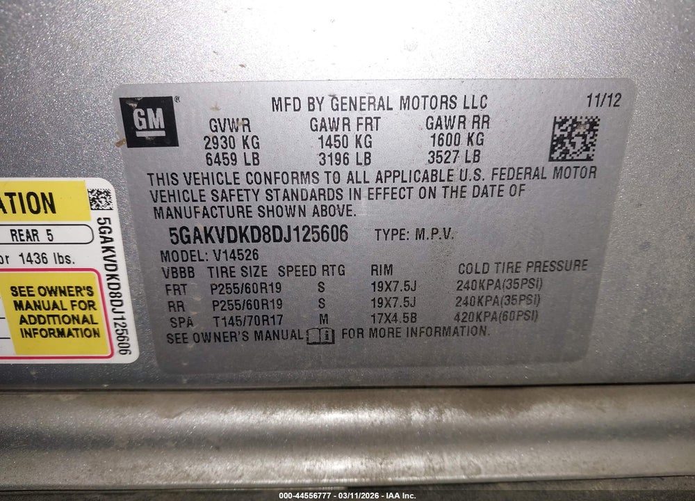 2013 BUICK ENCLAVE PREMIUM VIN: 5GAKVDKD8DJ125606