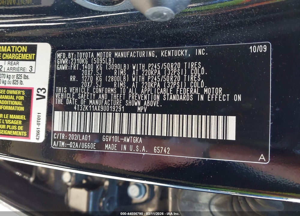 2009 TOYOTA VENZA BASE V6 VIN: 4T3ZK11AX9U019291