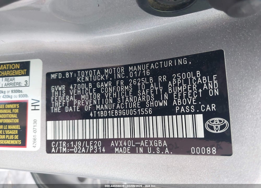 2016 TOYOTA AVALON HYBRID XLE PREMIUM VIN: 4T1BD1EB9GU051556