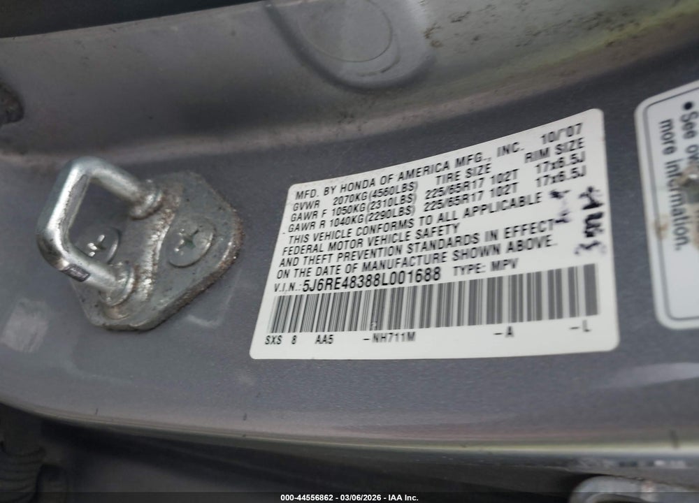 2008 HONDA CR-V LX VIN: 5J6RE48388L001688