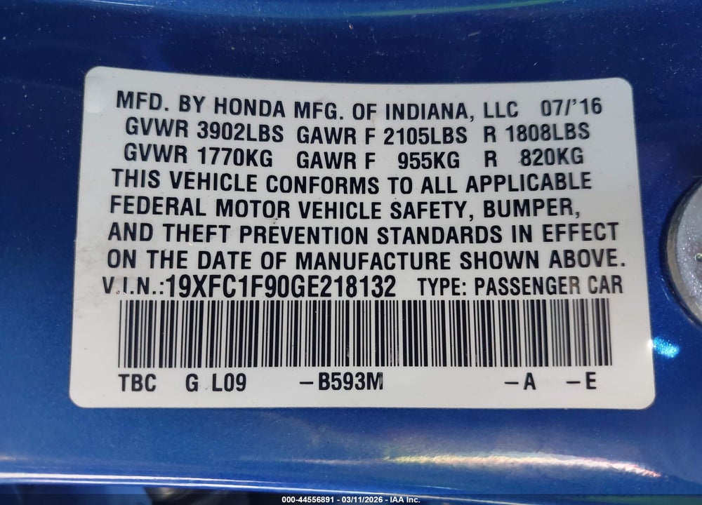 2016 HONDA CIVIC TOURING VIN: 19XFC1F90GE218132