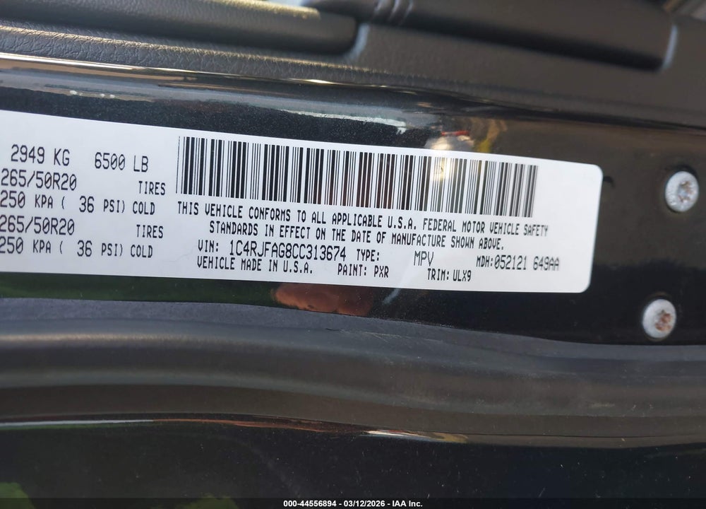2012 JEEP GRAND CHEROKEE LAREDO VIN: 1C4RJFAG8CC313674