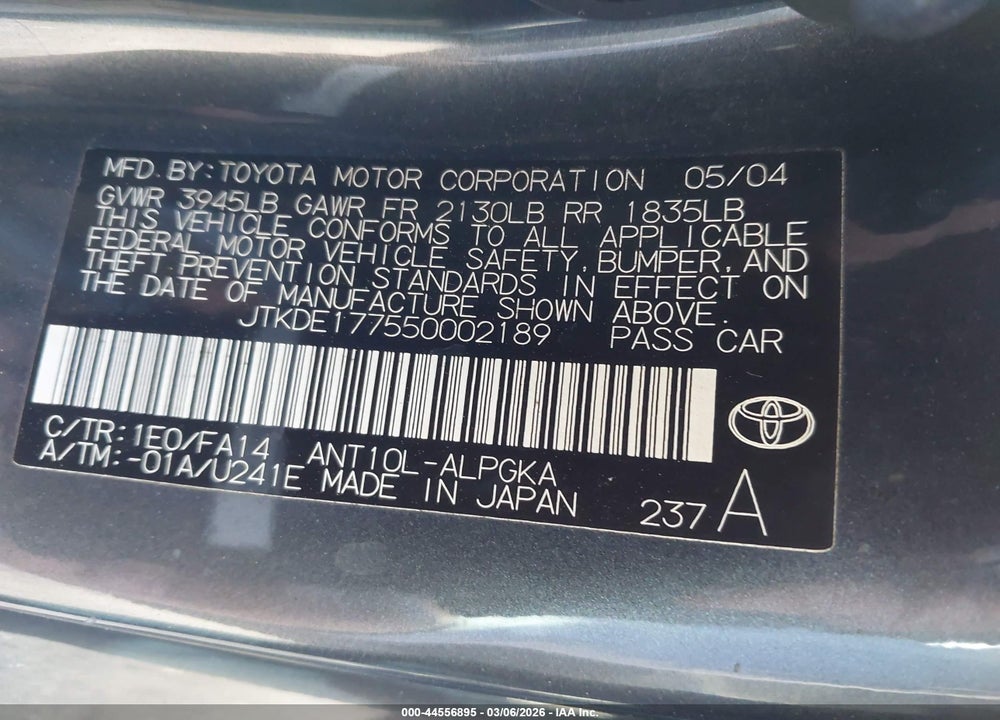 2005 SCION TC VIN: JTKDE177550002189