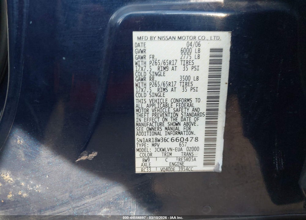 2006 NISSAN PATHFINDER LE VIN: 5N1AR18W36C660478