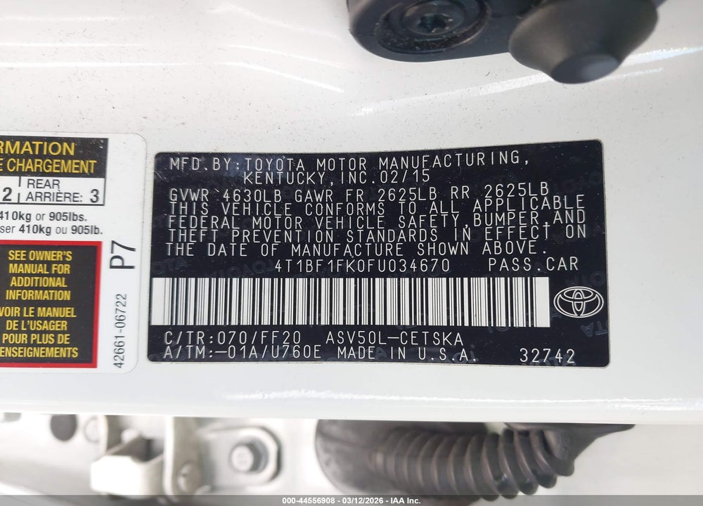 2015 TOYOTA CAMRY SE VIN: 4T1BF1FK0FU034670