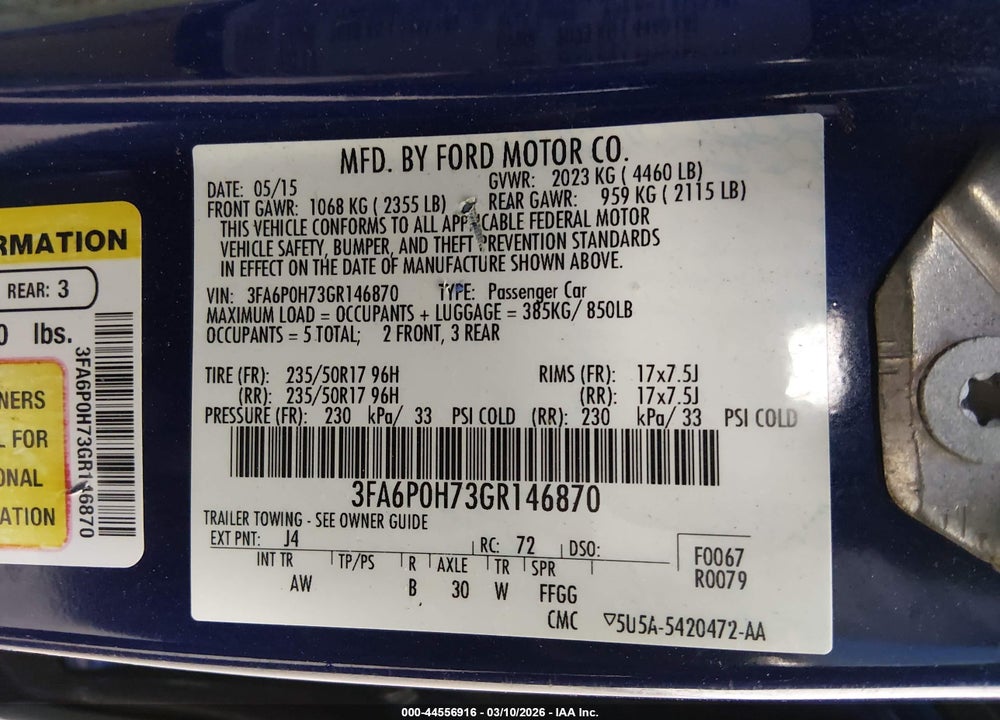 2016 FORD FUSION SE VIN: 3FA6P0H73GR146870