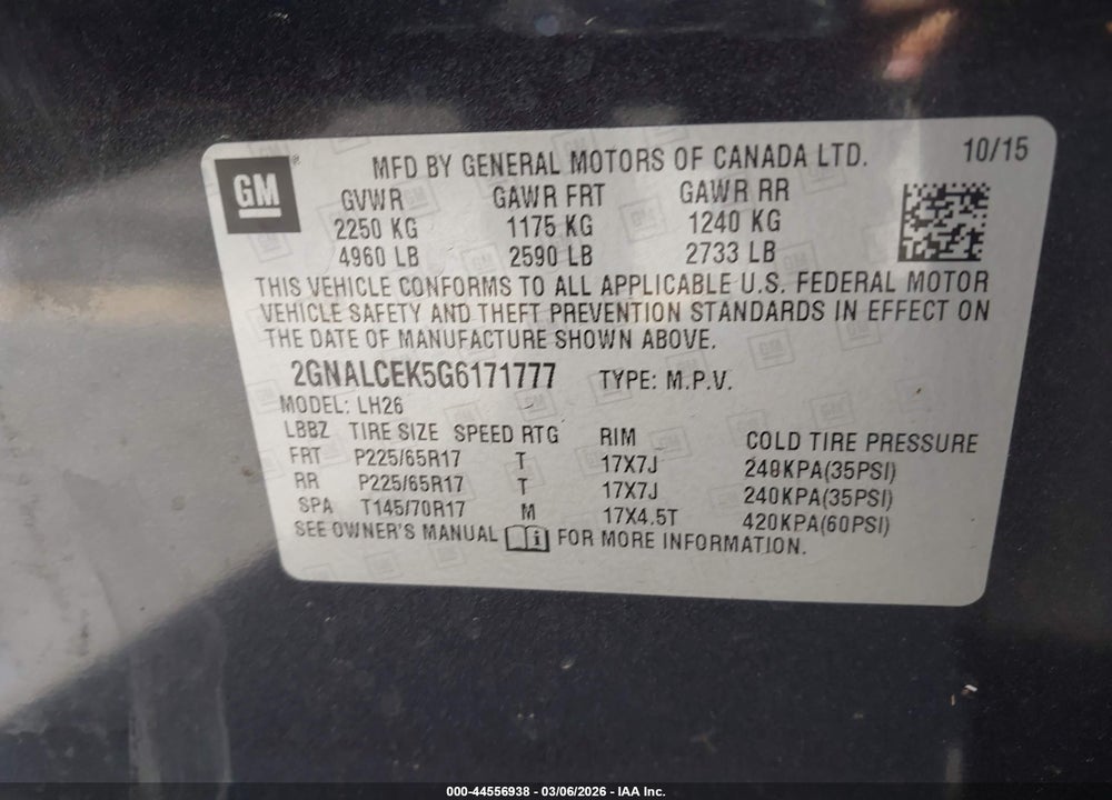 2016 CHEVROLET EQUINOX LT VIN: 2GNALCEK5G6171777