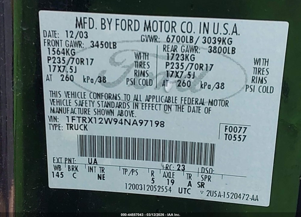 2004 FORD F-150 STX/XL/XLT VIN: 1FTRX12W94NA97198