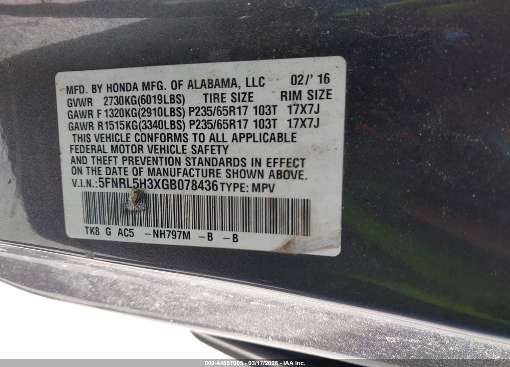 2016 HONDA ODYSSEY SE VIN: 5FNRL5H3XGB078436
