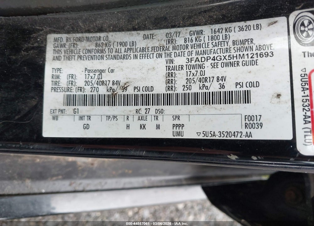 2017 FORD FIESTA ST VIN: 3FADP4GX5HM121693