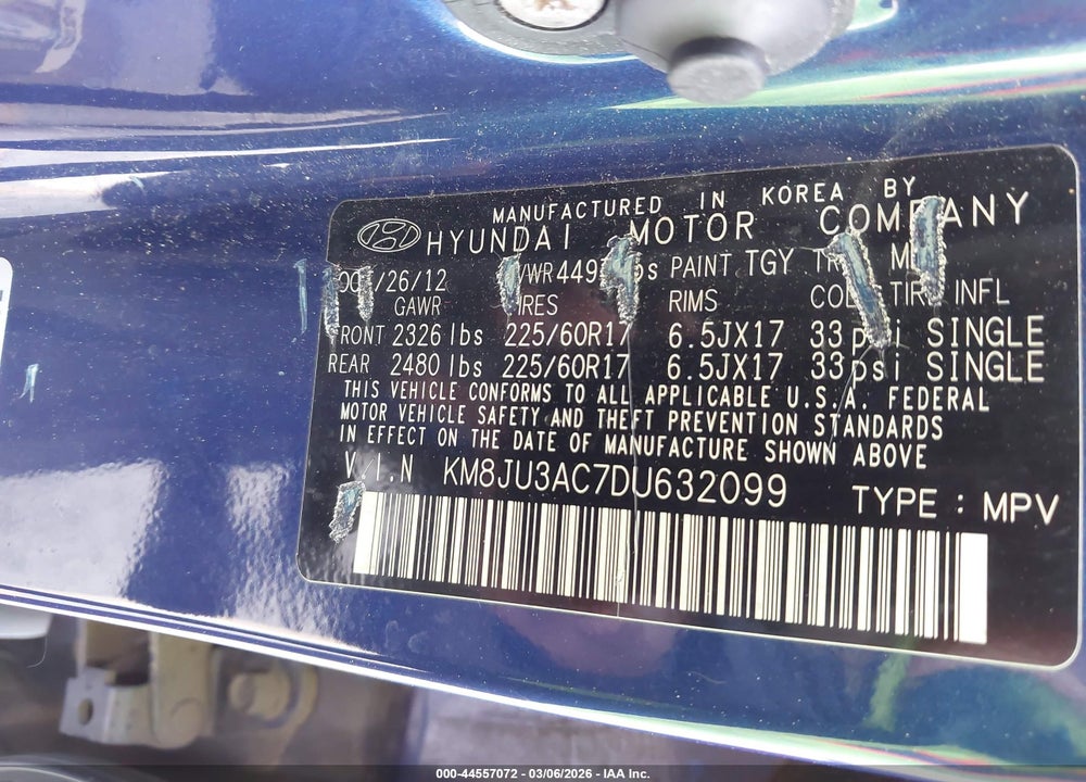 2013 HYUNDAI TUCSON GLS VIN: KM8JU3AC7DU632099