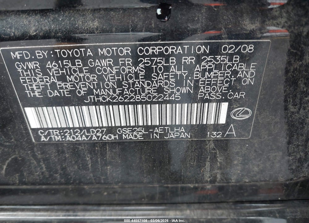 2008 LEXUS IS 250 VIN: JTHCK262285022445
