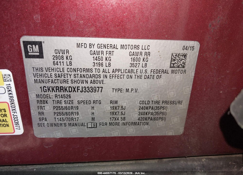 2015 GMC ACADIA SLT-1 VIN: 1GKKRRKDXFJ333977
