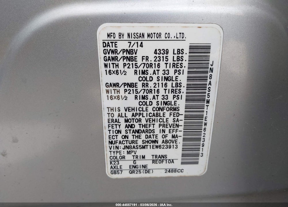 2014 NISSAN ROGUE SELECT S VIN: JN8AS5MT1EW623913