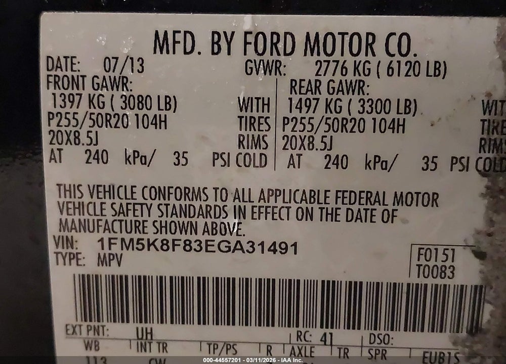 2014 FORD EXPLORER LIMITED VIN: 1FM5K8F83EGA31491
