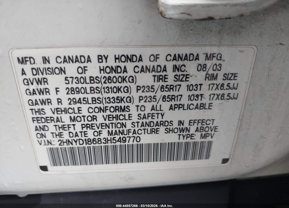 2003 ACURA MDX VIN: 2HNYD18683H549770