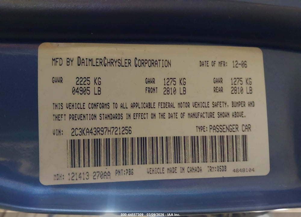 2007 CHRYSLER 300 VIN: 2C3KA43R97H721256