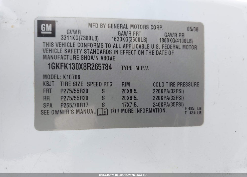 2008 GMC YUKON SLT VIN: 1GKFK130X8R265784