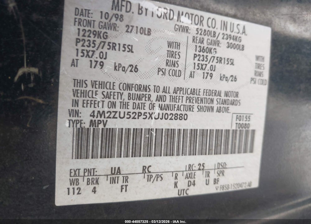 1999 MERCURY MOUNTAINEER VIN: 4M2ZU52P5XUJ02880